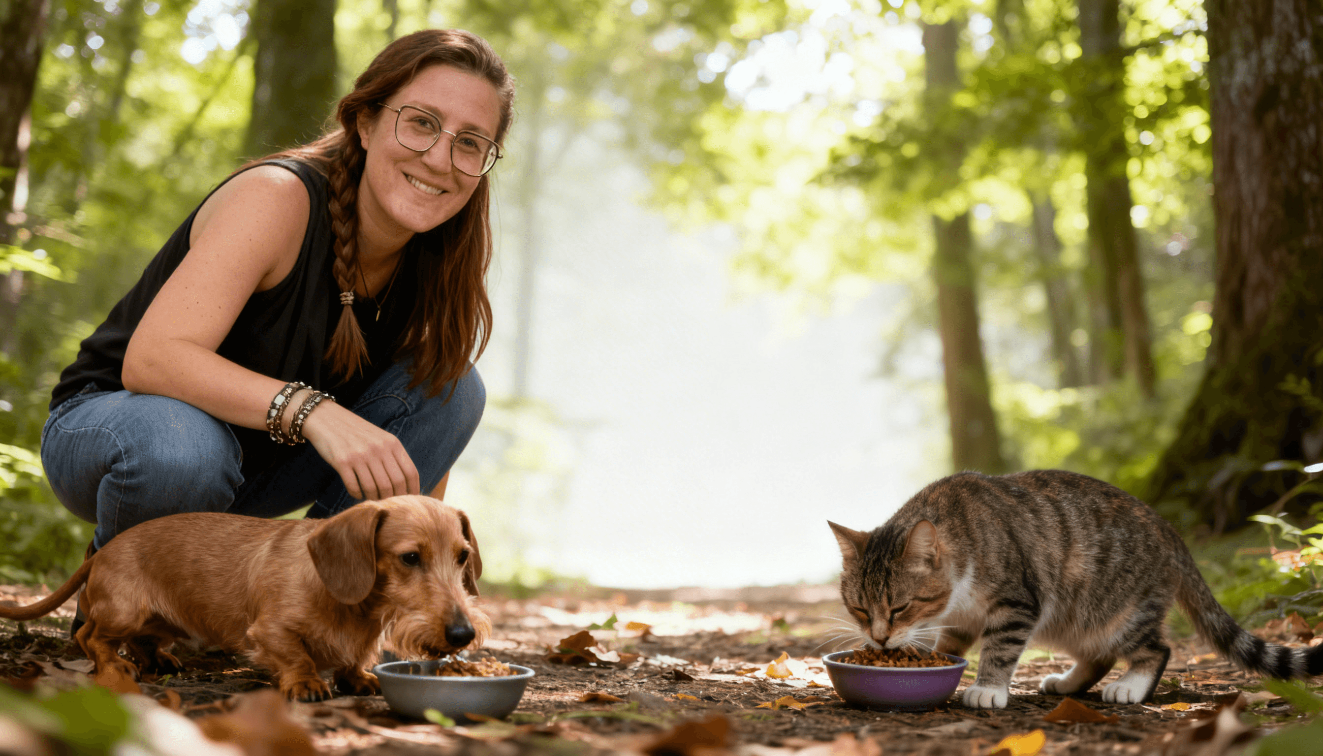Sabine met hond en kat in het bos